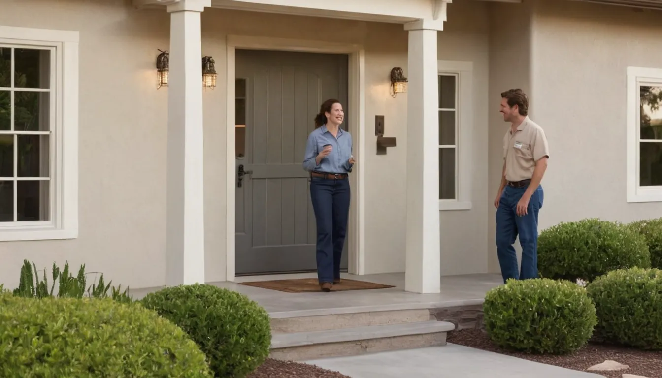 A friendly pest control provider talking with a homeowner at a front door in Corona